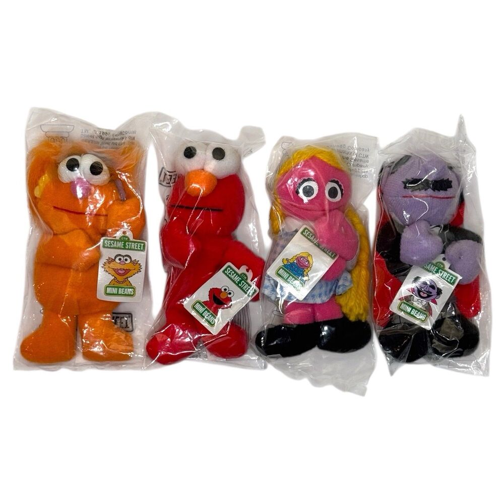 Kellogg’s 1999 Sesame Street Mini Beans Lot Of 4 Elmo Zoe Betty Lou Mumford NWT